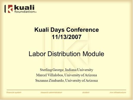 Kuali Days Conference 11/13/2007 Labor Distribution Module Sterling George, Indiana University Marcel Villalobos, University of Arizona Suzanne Zimbardo,