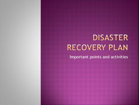 Important points and activities.  The objective is to secure life, property, information in the event of a disaster and to facilitate business continuity.