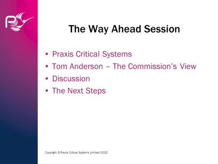 Copyright © Praxis Critical Systems Limited 2002 The Way Ahead Session Praxis Critical Systems Tom Anderson – The Commission’s View Discussion The Next.