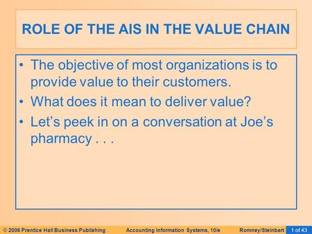 © 2006 Prentice Hall Business Publishing Accounting Information Systems, 10/e Romney/Steinbart1 of 43 The objective of most organizations is to provide.