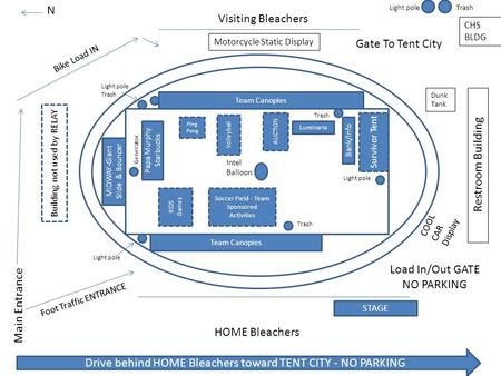 MIDWAY-Giant Slide & Bouncer STAGE DJ/Stage AUCTION Survivor Tent Gate To Tent City Visiting Bleachers HOME Bleachers Main Entrance Load In/Out GATE NO.