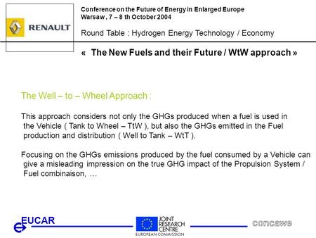 Conference on the Future of Energy in Enlarged Europe Warsaw, 7 – 8 th October 2004 Round Table : Hydrogen Energy Technology / Economy « The New Fuels.