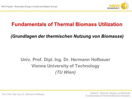 MSc Program - Renewable Energy in Central and Eastern Europe Univ. Prof. Dipl. Ing. Dr. Hermann Hofbauer Modul 2 - Biomass, Biogas, and Biofuels Fundamentals.