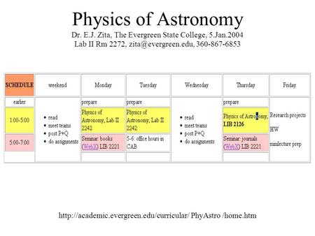 Physics of Astronomy Dr. E.J. Zita, The Evergreen State College, 5.Jan.2004 Lab II Rm 2272, 360-867-6853