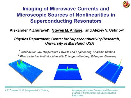 1 Imaging of Microwave Currents and Microscopic Sources of Nonlinearities in Superconducting Resonators Alexander P. Zhuravel*, Steven M. Anlage, and Alexey.