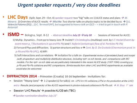 Urgent speaker requests / very close deadlines LHC Days (Split, Sept. 29 – Oct. 4) speaker request: two “big” talks on 1) ALICE status and plans  M. Masera: