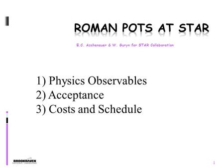 1 E.C. Aschenauer & W. Guryn for STAR Collaboration 1) Physics Observables 2) Acceptance 3) Costs and Schedule.