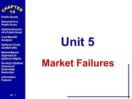16 - 1 Public Goods Demand for a Public Good Optimal Amount of a Public Good Cost-Benefit Analysis Spillover Costs and Benefits Market-Based Approach to.