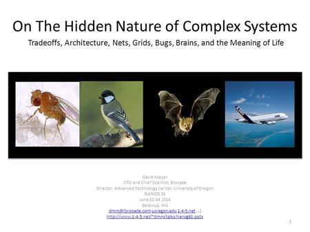 On The Hidden Nature of Complex Systems Tradeoffs, Architecture, Nets, Grids, Bugs, Brains, and the Meaning of Life David Meyer CTO and Chief Scientist,