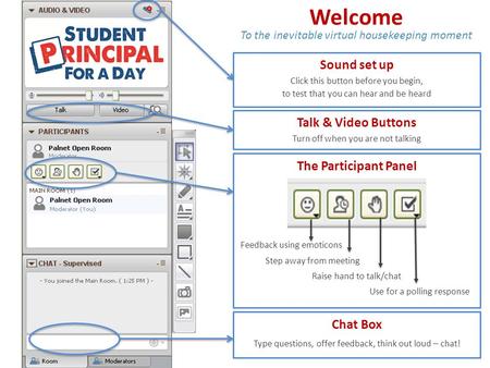 Welcome To the inevitable virtual housekeeping moment Feedback using emoticons Step away from meeting Raise hand to talk/chat Use for a polling response.