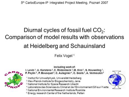 Diurnal cycles of fossil fuel CO 2 : Comparison of model results with observations at Heidelberg and Schauinsland Felix Vogel 1 including work of: I. Levin.