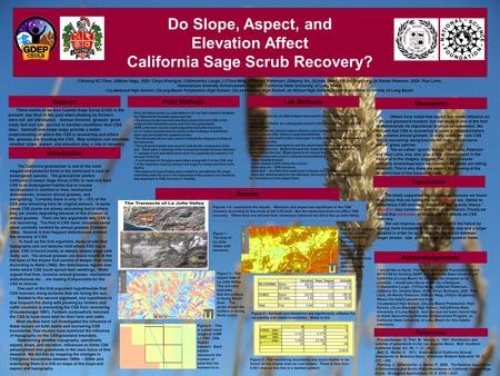 Do Slope, Aspect, and Elevation Affect California Sage Scrub Recovery? (1)Koang KC Chea, (5)Brian Nagy, (5)Dr. Chrys Rodrigue, (1)Samantha Lough, (1)Trina.