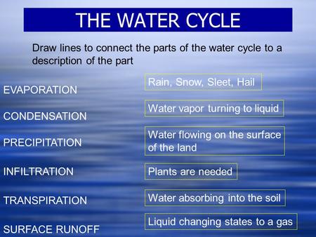 THE WATER CYCLE EVAPORATION CONDENSATION PRECIPITATION SURFACE RUNOFF INFILTRATION TRANSPIRATION Rain, Snow, Sleet, Hail Water vapor turning to liquid.