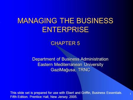 1 MANAGING THE BUSINESS ENTERPRISE CHAPTER 5 Department of Business Administration Eastern Mediterranean University GaziMağusa, TRNC This slide set is.