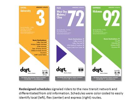 Redesigned schedules signaled riders to the new transit network and differentiated from old information. Schedules were color coded to easily identify.