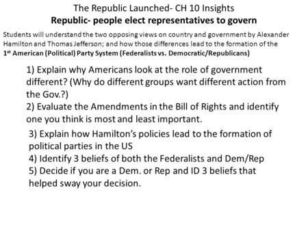 The Republic Launched- CH 10 Insights Republic- people elect representatives to govern Students will understand the two opposing views on country and government.