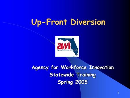 1 Up-Front Diversion Agency for Workforce Innovation Statewide Training Spring 2005.