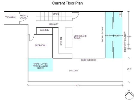 Current Floor Plan N. Marking C1 indicates that a load bearing steal beam is present at each end of the existing exterior wall which both need to stay.