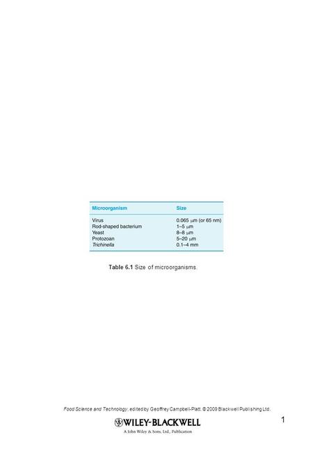 Food Science and Technology, edited by Geoffrey Campbell-Platt. © 2009 Blackwell Publishing Ltd. 1 Table 6.1 Size of microorganisms.