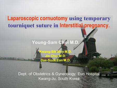 Laparoscopic cornuotomy using temporary tourniquet suture in Interstitial pregnancy. Young-Sam Choi M.D. Kwang-Sik Shin M.D. Jin Choi M.D. Dae-Sook Eun.