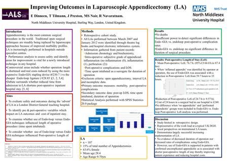 Improving Outcomes in Laparoscopic Appendicectomy (LA) E Dinneen, T Tilmann, J Preston, MS Nair, R Navaratnam. North Middlesex University Hospital, Sterling.