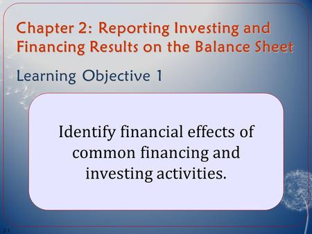 Chapter 2: Reporting Investing and Financing Results on the Balance Sheet Learning Objective 1 Identify financial effects of common financing and investing.