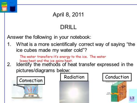 U3g – L3 Answer the following in your notebook: 1.What is a more scientifically correct way of saying “the ice cubes made my water cold”? 2.Identify the.