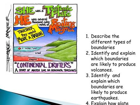 1.Describe the different types of boundaries 2.Identify and explain which boundaries are likely to produce volcanoes. 3.Identify and explain which boundaries.