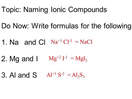 Topic: Naming Ionic Compounds Do Now: Write formulas for the following 1. Na and Cl 2. Mg and I 3. Al and S Na +1 Cl -1 = NaCl Mg +2 I -1 = MgI 2 Al +3.