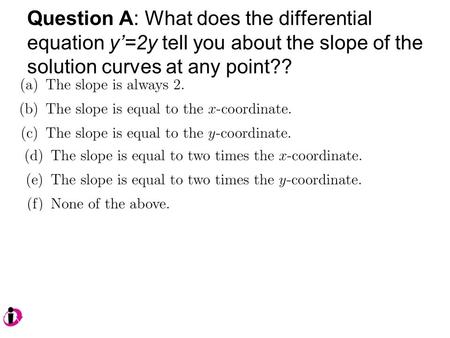 Question A: What does the differential equation y’=2y tell you about the slope of the solution curves at any point??