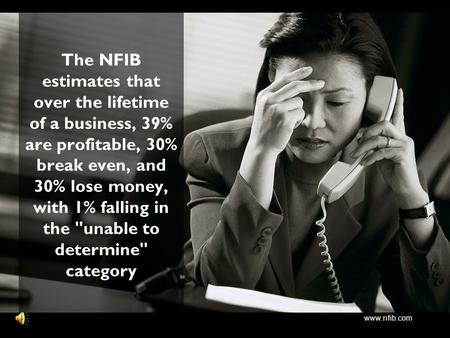 Www.nfib.com The NFIB estimates that over the lifetime of a business, 39% are profitable, 30% break even, and 30% lose money, with 1% falling in the unable.