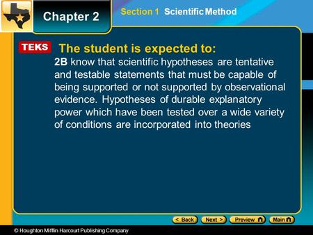 Chapter 2 © Houghton Mifflin Harcourt Publishing Company 2B know that scientific hypotheses are tentative and testable statements that must be capable.