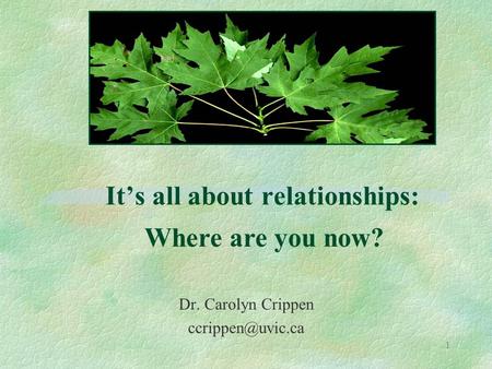 1 It’s all about relationships: Dr. Carolyn Crippen Where are you now?