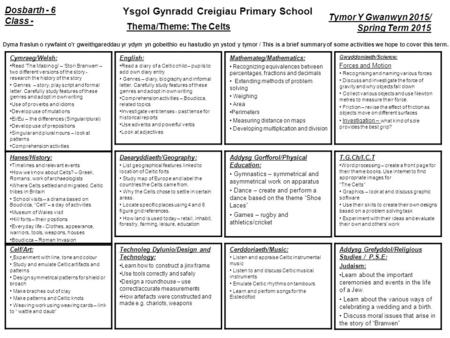 Dyma fraslun o rywfaint o’r gweithgareddau yr ydym yn gobeithio eu hastudio yn ystod y tymor / This is a brief summary of some activities we hope to cover.