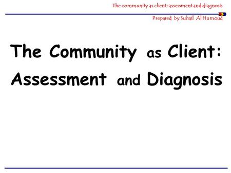 The community as client: assessment and diagnosis Prepared by Suhail Al Humoud The Community as Client: Assessment and Diagnosis.