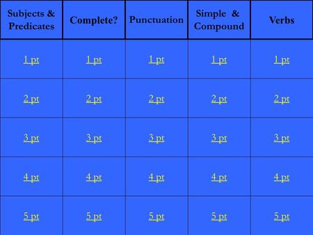 2 pt 3 pt 4 pt 5 pt 1 pt 2 pt 3 pt 4 pt 5 pt 1 pt 2 pt 3 pt 4 pt 5 pt 1 pt 2 pt 3 pt 4 pt 5 pt 1 pt 2 pt 3 pt 4 pt 5 pt 1 pt Subjects & Predicates Complete?