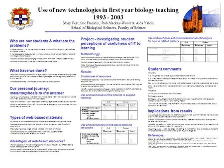 Use of new technologies in first year biology teaching 1993 - 2003 Mary Peat, Sue Franklin, Rob Mackay-Wood & Aida Yalcin School of Biological Sciences,