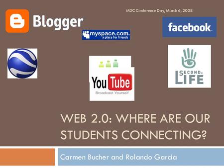 WEB 2.0: WHERE ARE OUR STUDENTS CONNECTING? Carmen Bucher and Rolando Garcia MDC Conference Day, March 6, 2008.