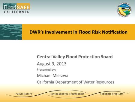 Central Valley Flood Protection Board August 9, 2013 Presented by: Michael Mierzwa California Department of Water Resources DWR’s Involvement in Flood.