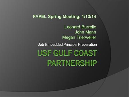 Job-Embedded Principal Preparation. Project Goals  January 2012 - June 2014  Collaboration between USF and 4 partner districts Manatee Pasco Pinellas.