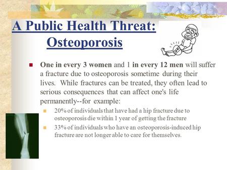 A Public Health Threat: Osteoporosis One in every 3 women and 1 in every 12 men will suffer a fracture due to osteoporosis sometime during their lives.