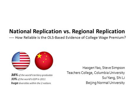 National Replication vs. Regional Replication ---- How Reliable is the OLS-Based Evidence of College Wage Premium? Haogen Yao, Steve Simpson Teachers College,