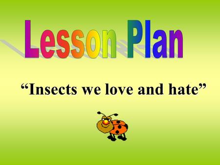 “Insects we love and hate”. LESSON PLAN “Insects we love and hate” Subject : Life sciences Topic : Insects we love and hate Grade : 5-8 Duration : Two.