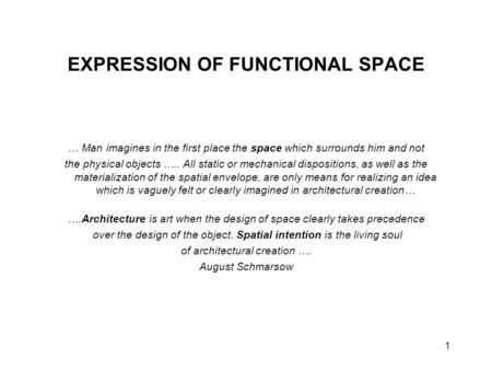 1 EXPRESSION OF FUNCTIONAL SPACE … Man imagines in the first place the space which surrounds him and not the physical objects ….. All static or mechanical.