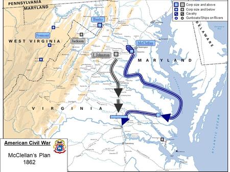 Corp size and above Corp size and below Cavalry Gunboats/Ships on Rivers American Civil War McClellan J. Johnston Banks Fremont McClellan’s Plan 1862.