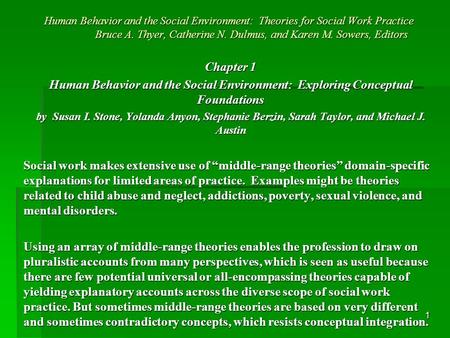 1 Human Behavior and the Social Environment: Theories for Social Work Practice Bruce A. Thyer, Catherine N. Dulmus, and Karen M. Sowers, Editors Chapter.