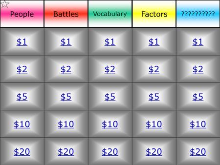 $2 $5 $10 $20 $1 $2 $5 $10 $20 $1 $2 $5 $10 $20 $1 $2 $5 $10 $20 $1 $2 $5 $10 $20 $1 PeopleBattles Vocabulary Factors ??????????