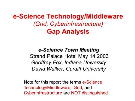 E-Science Technology/Middleware (Grid, Cyberinfrastructure) Gap Analysis e-Science Town Meeting Strand Palace Hotel May 14 2003 Geoffrey Fox, Indiana University.