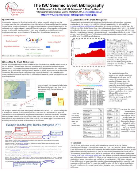 The ISC Seismic Event Bibliography D. Di Giacomo 1, D.A. Storchak 1, N. Safronova 1, P. Ozgo 2, J. Harris 1 1 International Seismological Centre, Thatcham,