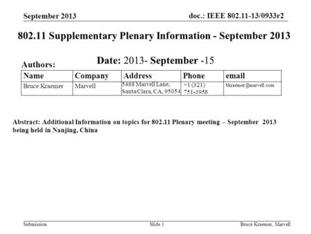 Doc.: IEEE 802.11-13/0933r2 SubmissionBruce Kraemer, MarvellSlide 1 +1 (321) 751-3958 5488 Marvell Lane, Santa Clara, CA, 95054 Name Company Address Phone.